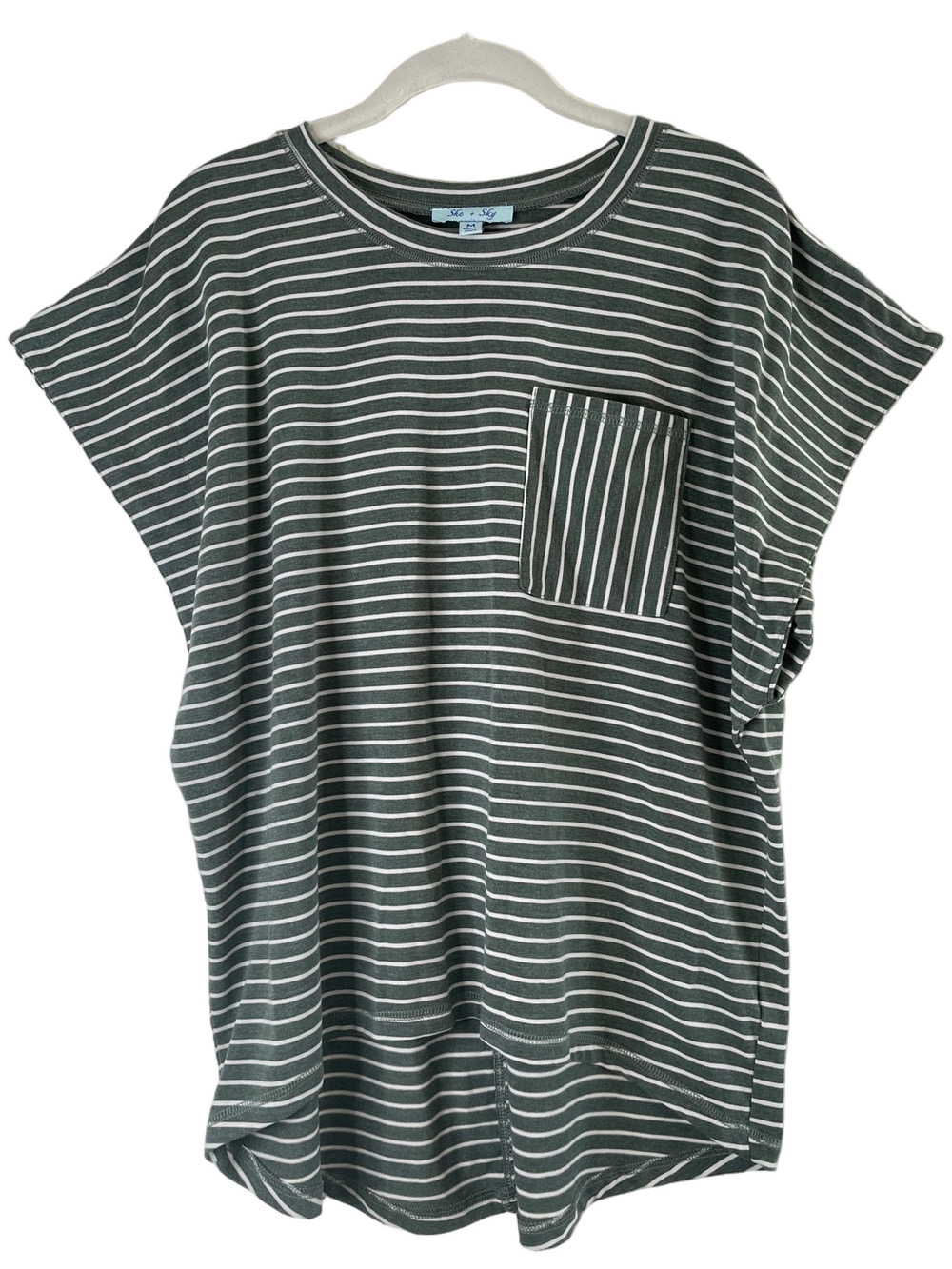 She + Sky Green and White Striped Tee with Pocket M